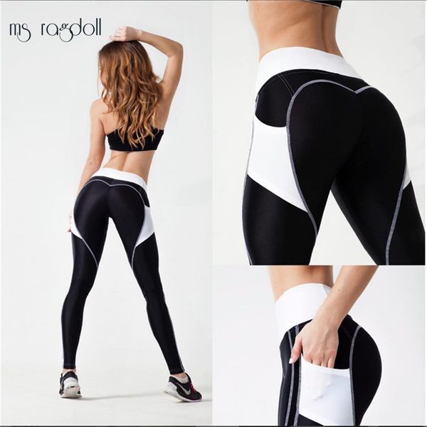 

women yuga pants fitness side mesh pocket contrast color high waist yuga hip slim push up sportswear leggins workout workout, Black