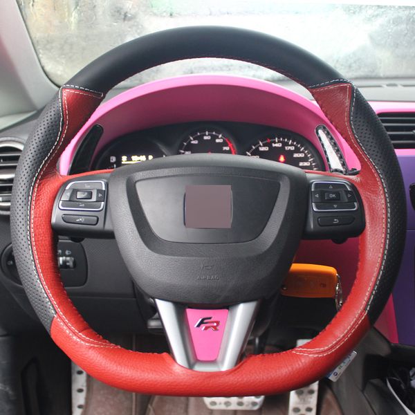 

red black genuine leather diy hand-stitched car steering wheel cover for seat leon