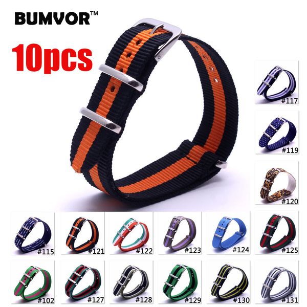 

bumvor 10pcs 16/ 18mm 20mm 22mm 24mm navy white red diver 3 keepers nato waterproof nylon strap watch band, Black;brown