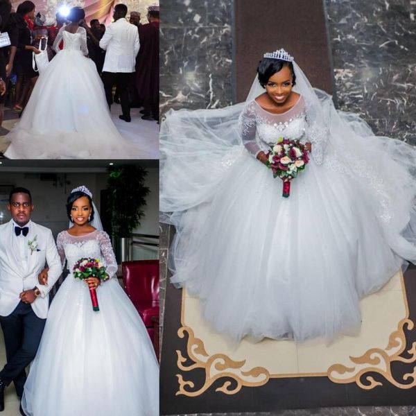 

африканская иллюзия с длинными рукавами свадебные платья с совком аппликации на шею бисером блестками бальное платье свадебное платье свадеб, White