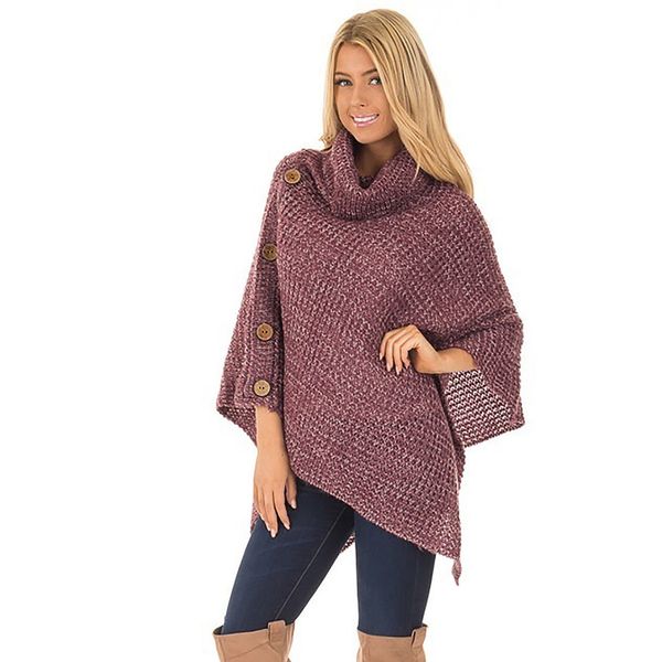 

turtleneck sweater cloaks women batwing sleeve knitted jumper poncho ladies button irregular pullover cape pull hiver femme, White;black