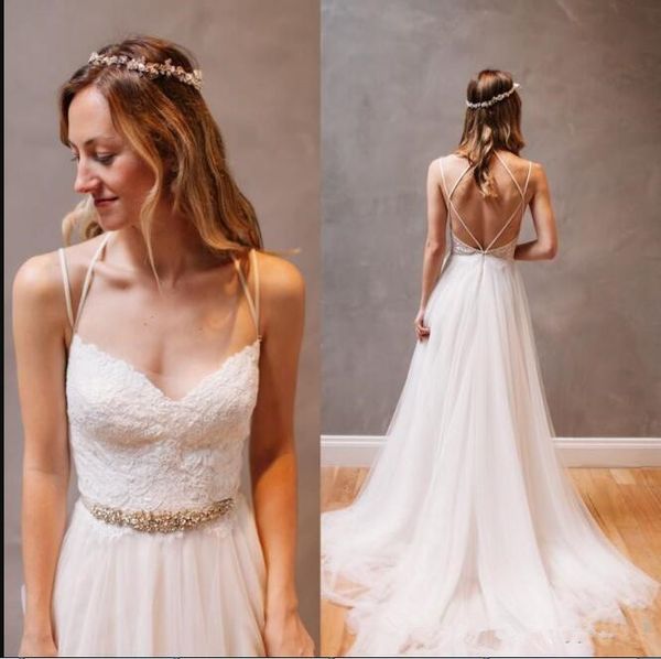 

2018 simple a line summer boho beach wedding dresses open back spaghetti straps lace appliques beaded sash bridal gowns cheap, White
