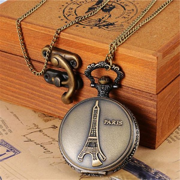 

2018 eiffel tower paris women bronze chain necklace pocket watch casual clock dropshipping, Slivery;golden