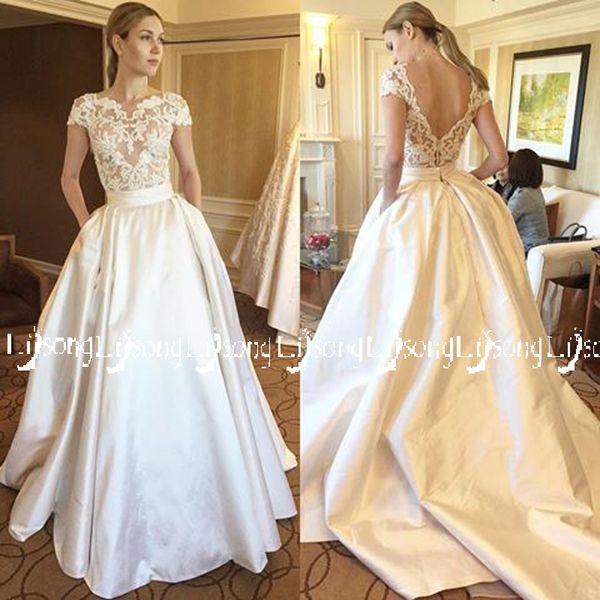 Abito da sposa in due pezzi Top in pizzo e gonna inferiore in raso con tasche Vestido de Casamento Abiti da sposa maxi Abiti da sposa bianchi Set lunghi