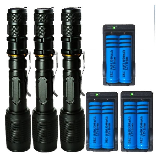 3x Tactical 3800LM Flashlight Rechargeable Cree XM-L T6 Led Torch Zoomable 5 Modes SOS + 18650 Battery + Dual Charger