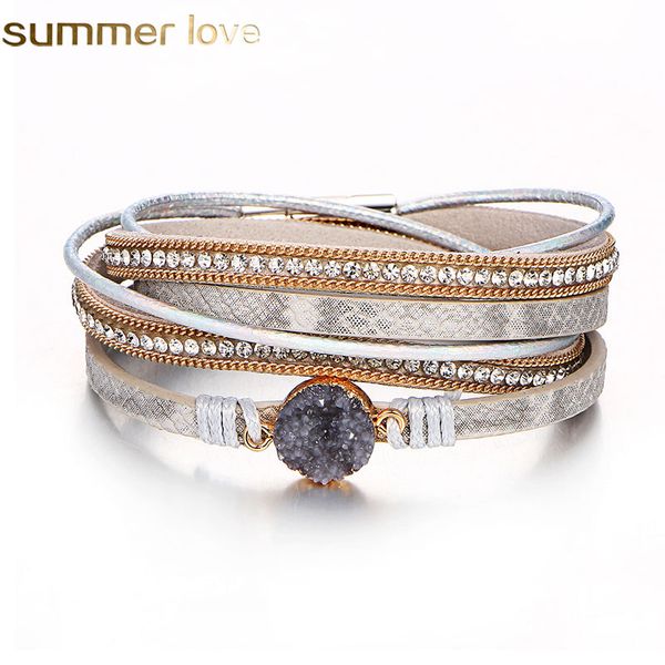 

fashion multilayer leather bracelet women vintage stone crystal wrap cuff bangle magnetic clasp handmade wristband jewelry, Golden;silver