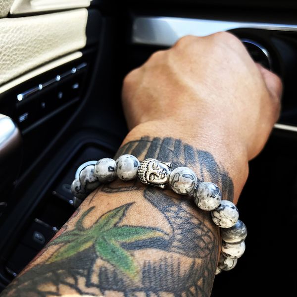 

gray striped natural stone beads bracelet cooper buddha men's gift charm yoga bead bracelet, Black