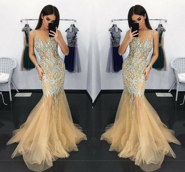 

Modest Crystals Spaghetti Strap Evening Gown Mermaid Style Party Dress Mopping Long Section Tiered Skirts Special Occasion Dresses