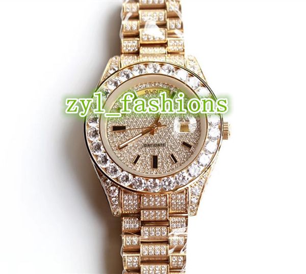 

hip hop trend men's fashion watch iced out diamond wristwatch size 43mm gold diamond surface watch automatic mechanical waterproof watc, Slivery;brown