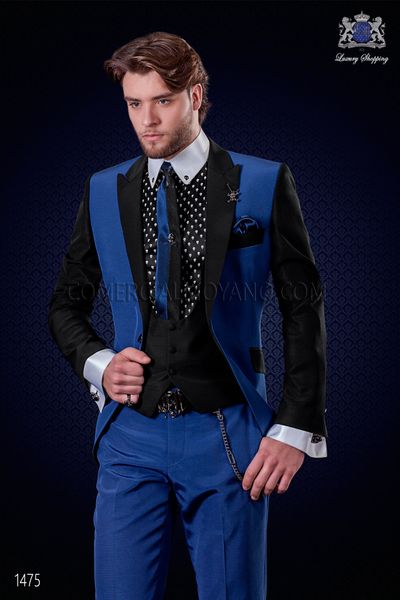 2018 Custom Made Slim Fit Groomsmen Tepe Yaka Mavi ve Siyah Damat Düğün Smokin Erkekler Suit Best Man Damat (Ceket + Pantolon + Vest + Tie)