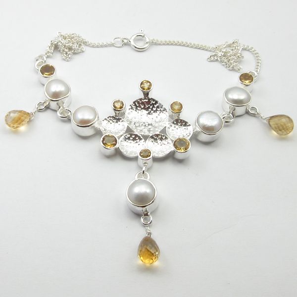 

stamped silver multicolor citrines, pearl necklace 16.1" brand new