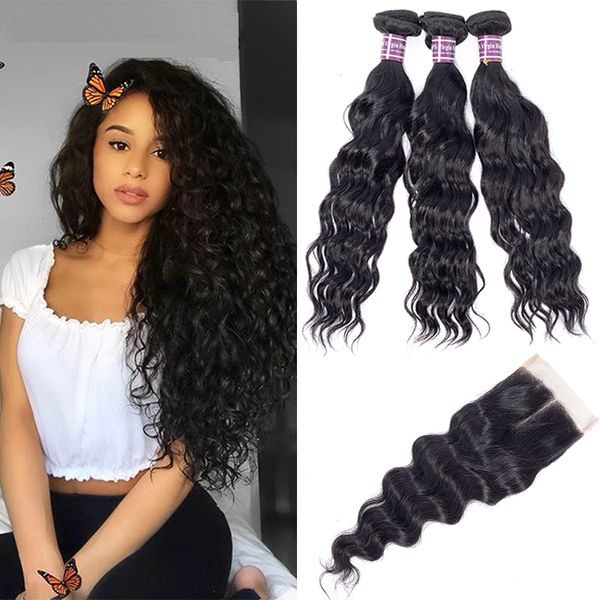 

8a brazilian virgin hair with closure extensions 3 bundles brazilian water wave hair with lace closure unprocessed remy human hair weave, Black