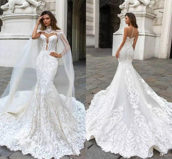 

gorgeous high neck mermaid wedding dresses with tulle wraps lace appliques long bridal gowns court train button back, White