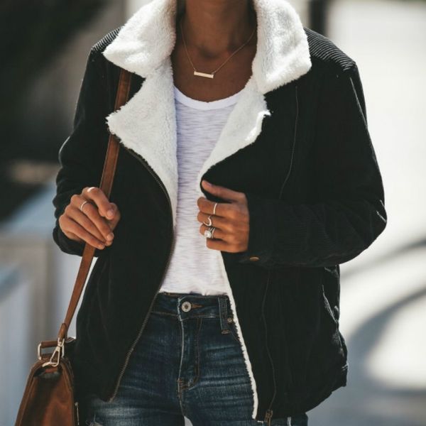 

2018 new women warm zipper long sleeve coat loose corduroy jacket winter lambswool jackets ladies outerwear female streetwear, Black;brown