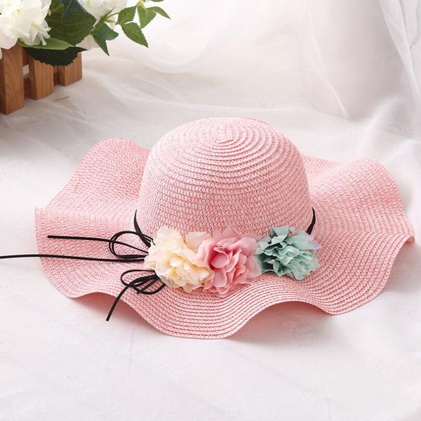 

fashion parent-child cute flower sun hats girl hand made straw wave wide brim sun hats casual shade hat summer woman beach hat, Blue;gray