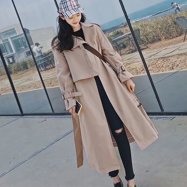 

trench coat 2018 new fashion women casual loose windbreaker with belt korean style students long outwear abrigo mujer zs452, Tan;black