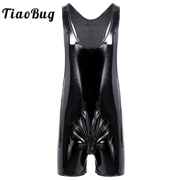 

tiaobug mens black wetlook patent leather sleeveless zipper crotch one-piece leotard bodysuit men clubwear stage zentai