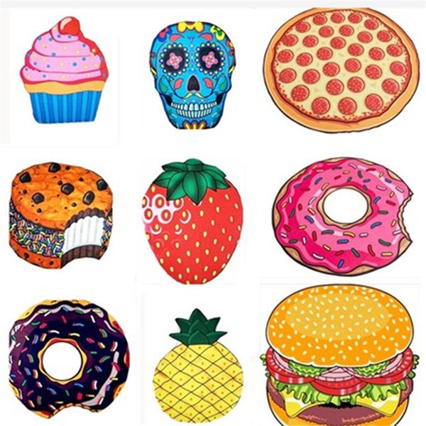 

round swimming beach towels hamburger pizza donuts skull outdoor sports pads camping travel swim mat blanket shawl swimwear outdoor pads