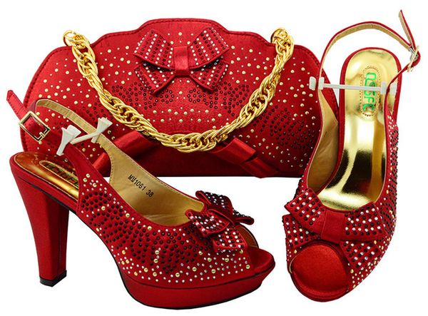 

Most popular red bowtie lady pumps with rhinestones african shoes match handbag set for dress MM1061,heel 10.5CM