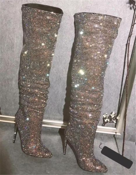 

women slim style rhinestone over knee thin heel boots charming pointed toe crystal long high heel boots wedding dress shoes, Black
