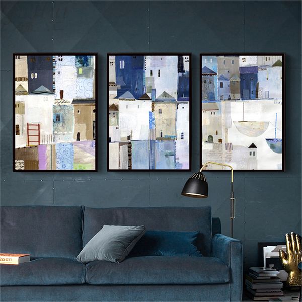 

nordic town modern abstract gray blue canvas painting oil painted restaurant wall picture art poster home living room decoration
