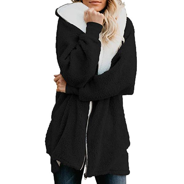 

coat long sleeve crochet womens solid oversized zip down hooded fluffy coat cardigans outwear with pocket usps dropshipping #927, Black;brown