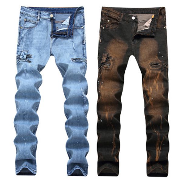 

hot sales male biker jeans high qulaity zipper designer printed broken large size straight pants streetwear, Blue