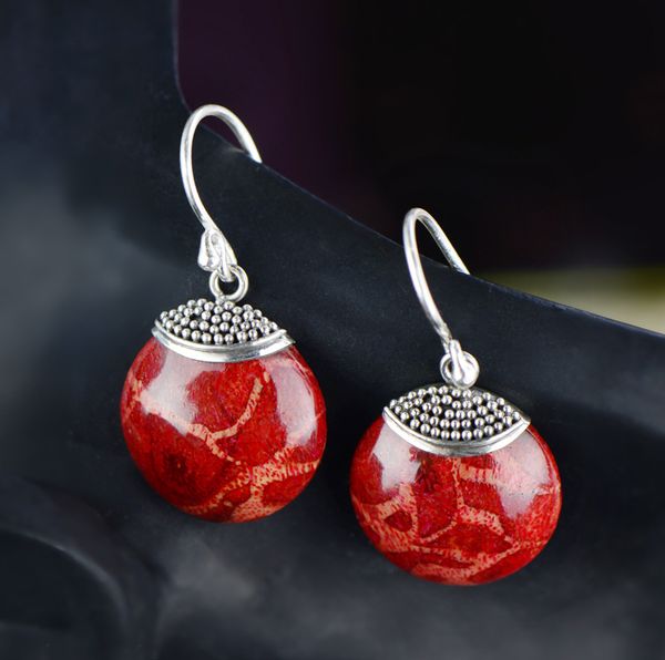 

s925 silver jewelry exquisite exquisite grass coral women's earrings folk style antique hand inlaid silver earrings, Golden;silver