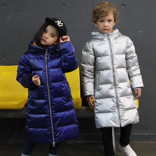 

russian girl boy winter silver parka white duck down hooded coat kids snowsuits winter teenager long down jacket 3 4 6 12 years, Blue;gray