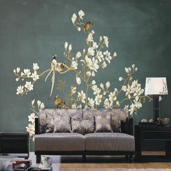 Обои Custom3d китайские ручные цветы птицы рисунок роспись телевизионный диван фоновый стена гостиная спальня обои обои