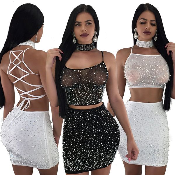 

women's beaded drilling straps nightclub dress three-piece women three piece dress women's suits, White