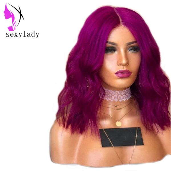 Bobstyle фиолетовой Синтетических парики фронта шнурок объемной волна Pure Color короткие парики для женщин Природных Hairline искусственных париков волос