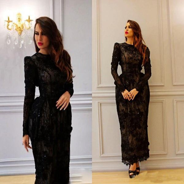 

Saudi Arabic Black Prom Dresses Mermaid Ankle Length Lace Long Sleeves Evening Gowns Sequins Formal Dresses Evening Wear
