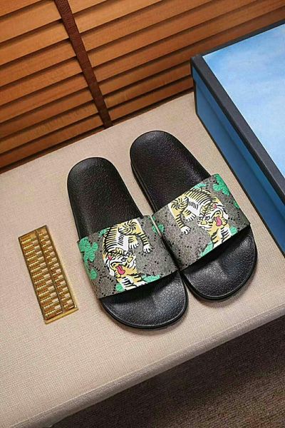 

fashion leather slide sandals slippers men women 2018 tiger flower printed beach flip flops slipper 38-46, Black