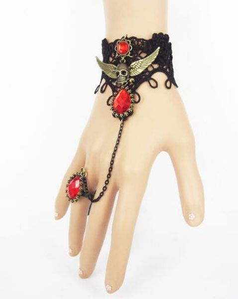

new halloween vintage pirate skull wings black lace lady's bracelet band ring chic classic exquisite elegance, Golden;silver
