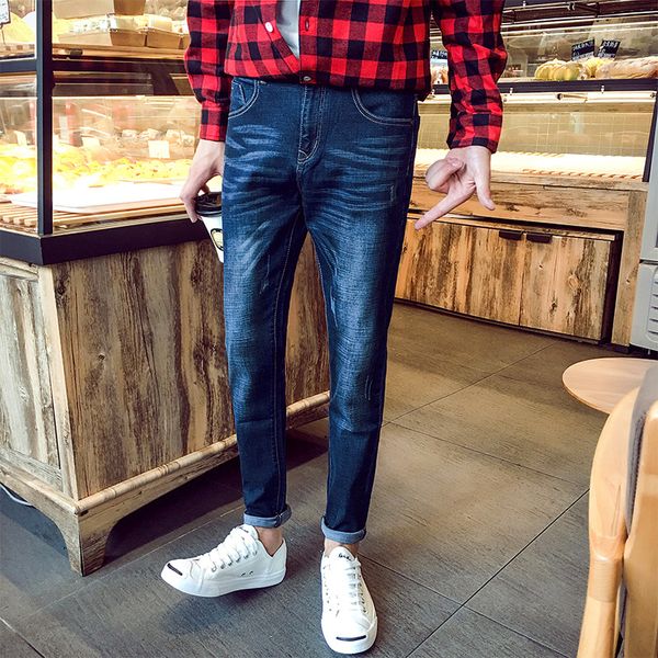 

spring autumn stretch skinny pleated washed casual men denim jeans blue retro solid men denim pants straight vintage fashion