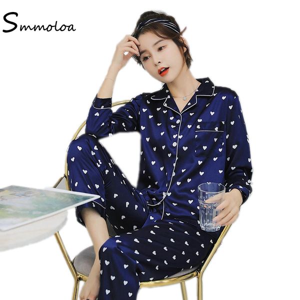 

smmoloa wholesale women printed long sleeve silk pajamas 2 piece sleepwear, Blue;gray