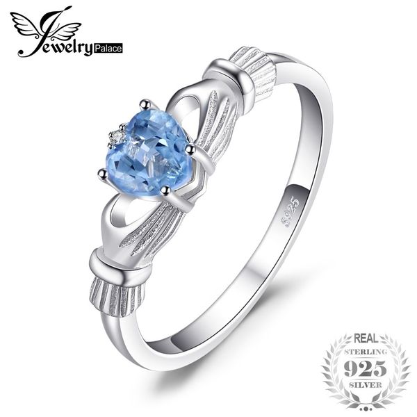 

jewelrypalace natural aquamarine irish claddagh ring solid 925 sterling silver love heart women fine gemstone jewelry y18102510, Slivery;golden