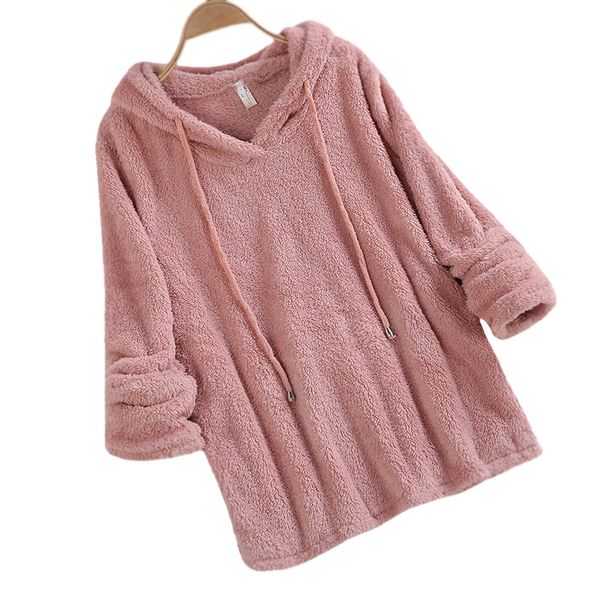 

autumn winter new warm solid color long sleeve women's hooded sweatshirt jumper pullover hoody coat women's casual plush sweater c, Black