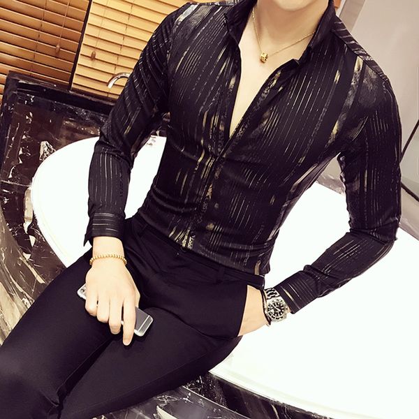 

luxury gold shirt men 2017 new long sleeve black white navy party club night bar stage clothing male shirt chemise homme, White;black