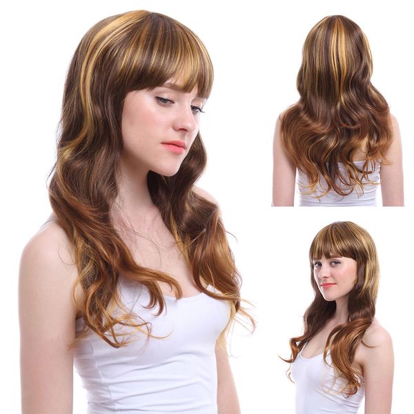 

fashion wig women lady long wavy hair golden brown mixed color highlight wigs, Black;brown