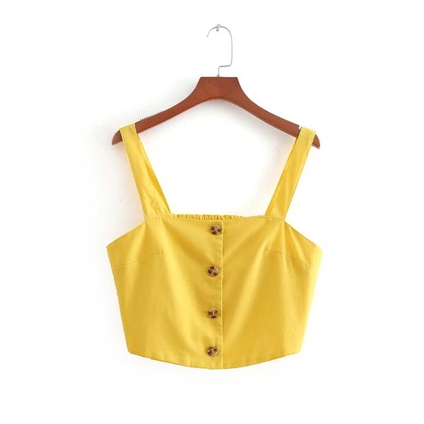 

yellow vintage candy color linen sling tee shirt spaghei strap buons camis tank summer vest sling women streetwear, White