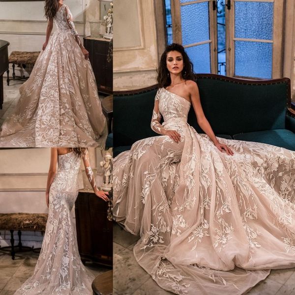

vintage champagne mermaid wedding dress with overskirt one shoulder pretty applique church garden wedding dresses bridal gowns, White