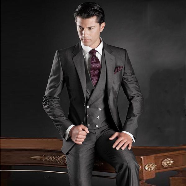 

italian dark grey men suits for wedding custom made groom tuxedos slim fit man blazers 3piece jacket pants vest groomsmen suit ternos, Black;gray