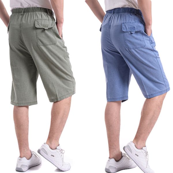 

fashion 2018 summer old men elastic waist elderly linen loose solid knee length shorts men casual short trousers plus size 5xl, Black