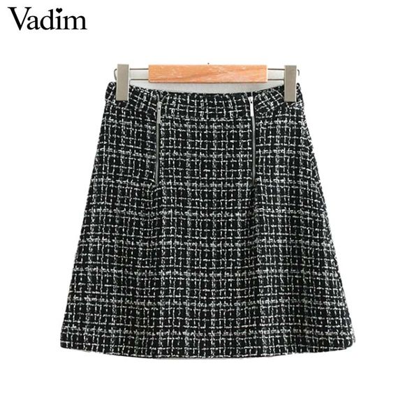

vadim women chic tweed plaid mini skirt zipper vintage faldas mujer female european style casual a line skirts ba279, Black