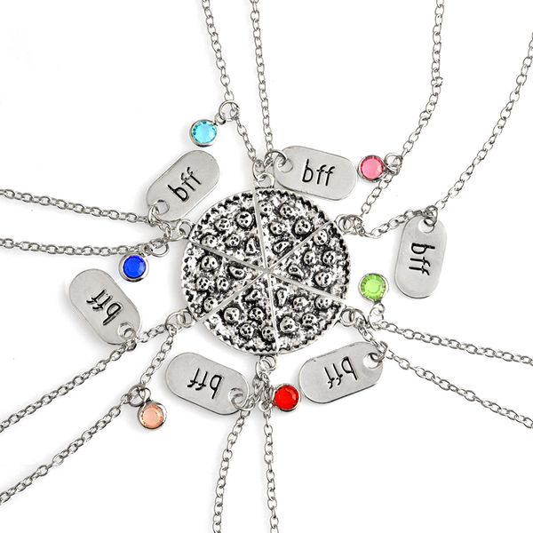 

miss zoe 6pcs/set bff pizza pendant necklaces friendship necklace friends forever colorful rhinestone gift for friend, Silver