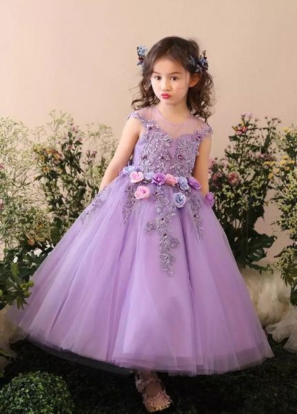 

Jewel Ankel длина линии милые девушки цветка платья 3D цветы аппликация фиолетовый дети вечерняя одежда