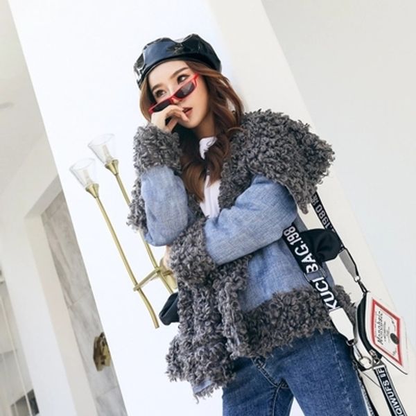 

2018 denim faux fur short coat ml, Black