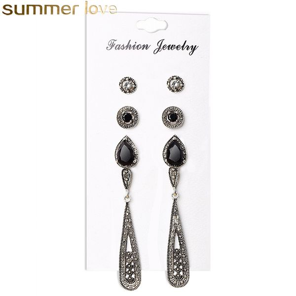 

4 pairs/ set women crystal bohemian earring water drop green white crystal stud earrings for women boho jewelry gift dazzling cubic zirconi, Golden